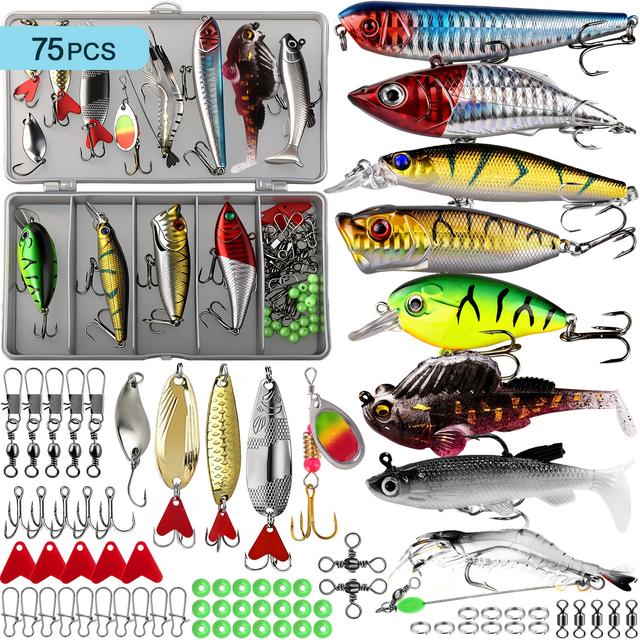 TEMU Juego de 75/166/205/255 piezas de señuelos duros de superficie para pesca: Señuelos multiensamblados, , Crank, Popper, Pencils y más - Perfecto para diversas condiciones de pesca