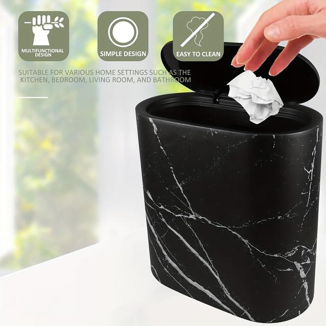 TEMU 1pc Of Marble-patterned Press-type Trash Can, Trash Can With Lid, Suitable For Bathroom, Kitchen, Restroom, Living Room, Bedroom - Durable Plastic Structure