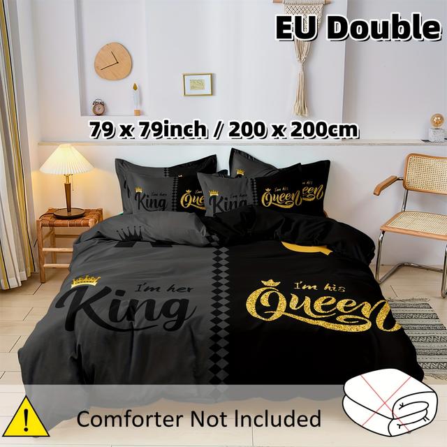TEMU 3pcs Valentine's Day Queen & King Slogan Printed Duvet Cover Set - Print, Soft & Breathable Polyester, Machine Washable - Includes 1*duvet Cover & 2*pillowcases (insert Not Included)