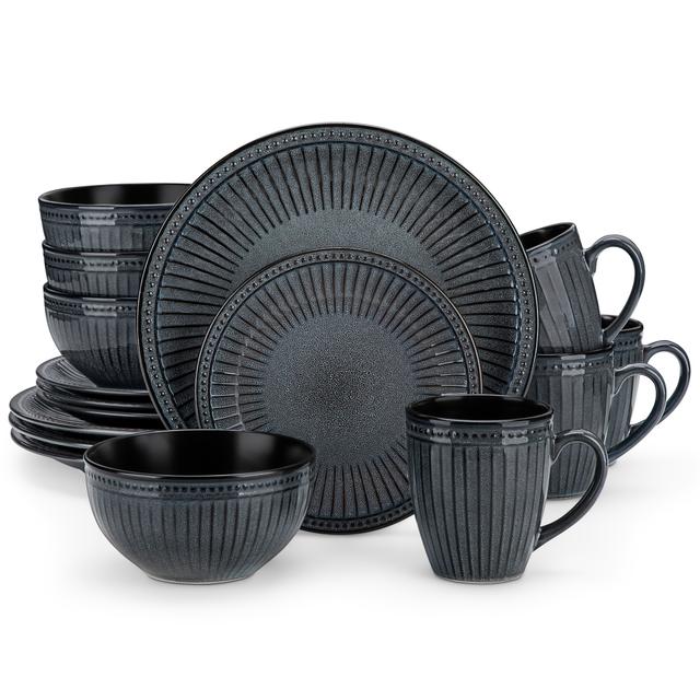 TEMU 16-teiliges Abendessen-Set aus geprägtem Steingut in Grau – Inklusive Essteller, Dessertteller, Suppenschüssel, Tasse – Für 4 Personen