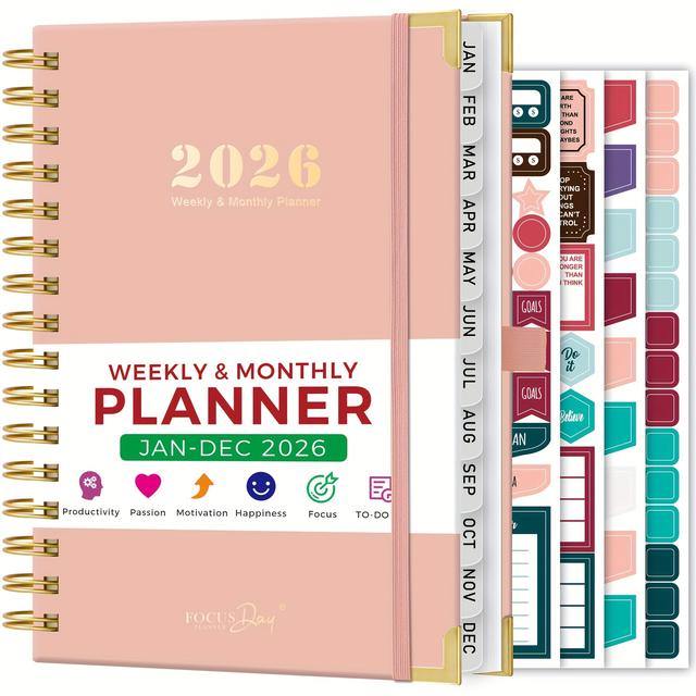 TEMU 2026 Planner, Jan.2026 - Dec.2026 Planner With Ruler, Twin-wire Binding | Inner Pocket | 4 Planner Stickers, 8.4" X 5.7", Agenda For Office School Supplies | Focus Day Brand