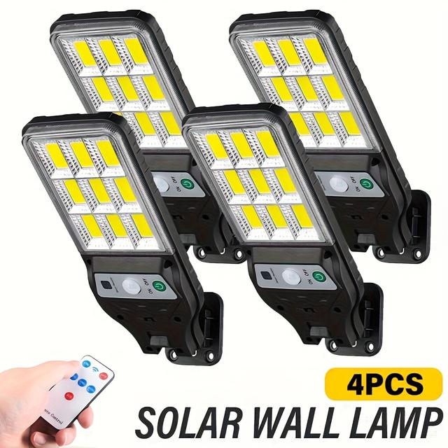 TEMU 4pcs Solar Wall Light With Motion Sensor, Remote Control 9cob Outdoor Floodlight, Ip44 Garden Lamp, 3 Lighting Modes, Suitable For Garden Front Door Courtyard And Commercial Lighting