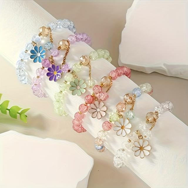 TEMU Set Of 6 Bohemian Lily Glass Bead Bracelets - Floral And Design, Suitable For Everyday And Party Occasions, A Accessory, Daily Bracelet | Floral Bracelet | Glossy Surface