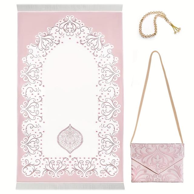 TEMU Ramadan Gift Set, Mat With Bag, 33 Beads, Lightweight And Portable Mat For Traveling, 10mm Glass Tasbih,