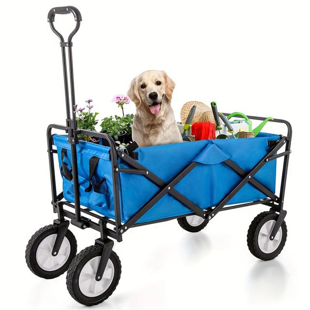 TEMU Combined Station Wagon Outdoor All Terrain Trolley, Foldable Handcart Handwag Gartenwagen, Cup Holder Made Of Mesh, Adjustable Handles, Fabric Pocket, 360 ° Rotation Of The Front Wheel, Blue