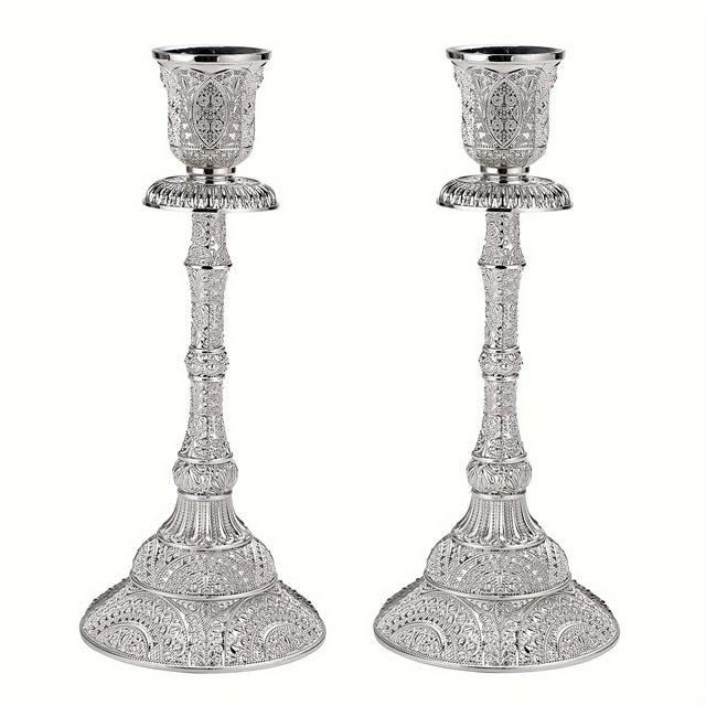 TEMU 2pcs Silvery Engraved Candle Holders Set | 7.5-inch Elegant Conical Metal Candlesticks For Tabletop, Wedding, And Holiday Decorations