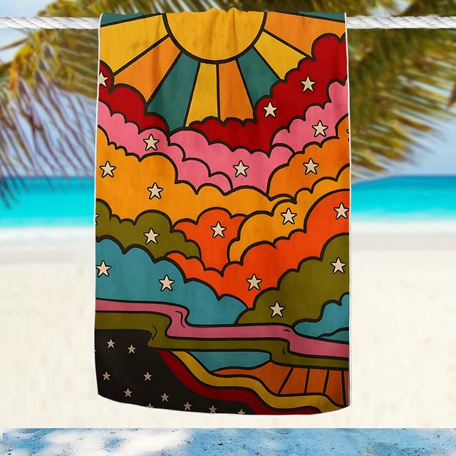 TEMU Vintage Sun Print Beach Towel - Large, Thick Microfiber, Pool, Camping & Travel | Soft, Quick-dry Bath Towel With