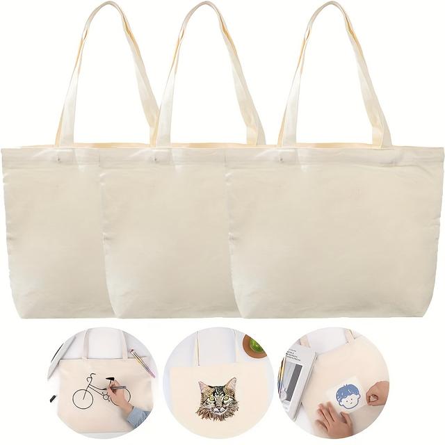 TEMU 3pcs Grands Sacs Toiles Vierge | Idéal pour , Convient pour la Peinture, , le Transfert Thermique, Réutilisable et Lavable, Long Manche, Beige (40x35cm)