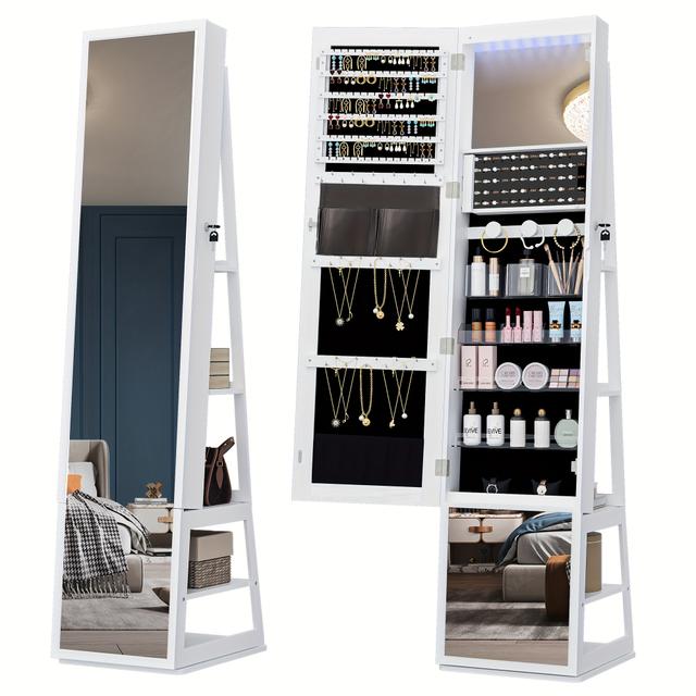 TEMU 16 Led Jewelry Cabinet, 160cm Free Standing Jewelry Organizer With 360° Rotating Base, Full Length Lockable Mirror, White And And Beige/rustic Brown, Jewelry Armoires