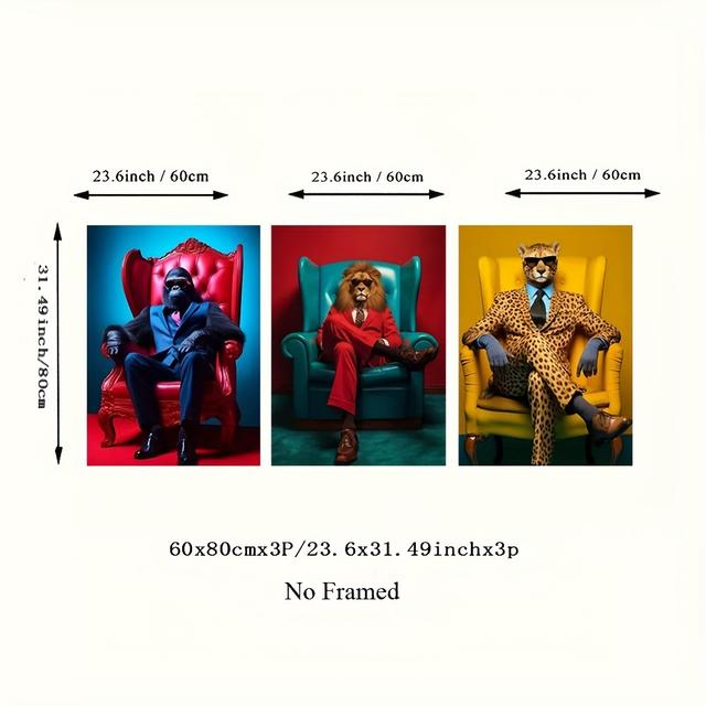 TEMU 3er-Set Lustige Elegante Tiere Coole Gorilla Zebra mit Anzug Pop Wandkunst Poster Druck Leinwandgemälde für Wohnzimmer Heimdekoration ohne Rahmen