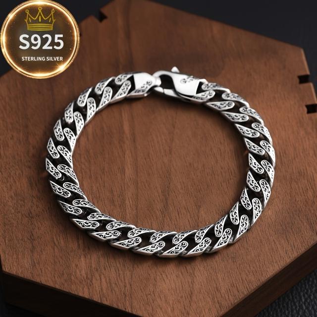 TEMU A Retro-style Silver Cuban Bracelet, S925 Silver Hand-engraved Ethnic Cloud Pattern Men's And Chain Bracelet, For
