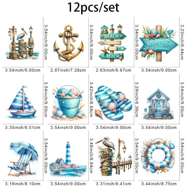 TEMU 12 Stück nautische Aquarell-Vinyl-Bügelbilder, DIY-Heißpress-Aufkleber, waschbar und langlebig, für T-Shirts, Tragetaschen, Stoffhandwerk
