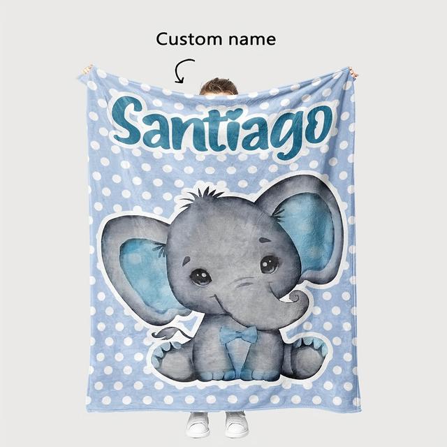 TEMU [custom] 1pc Personalized Name Custom Contemporary Cute Elephant Element Flannel Throw Blanket - All Season Versatile, Easy To Care, Comfortable For Sofa, Bed, Travel