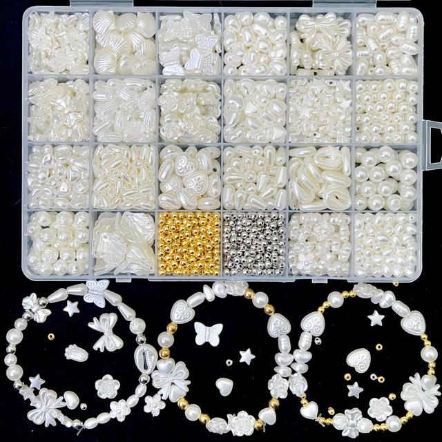 TEMU ชุดลูกปัดอะคริลิคสีขาว 1320 ชิ้น 24 สไตล์ โบว์, หัวใจ, ลูกปัดข้าว, บาโรก, กุหลาบ, ดอกไม้เล็กๆ, รูปดาวห้าแฉก - อุปกรณ์งานฝีมือที่เหมาะสำหรับทำสร้อยข้อมือและสร้อยคอ DIY