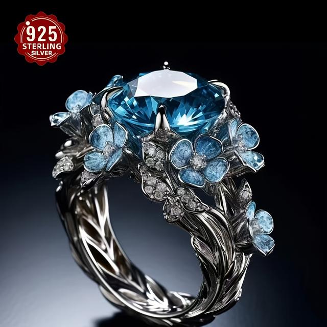 TEMU 925 Pure Silvery Ring Retro Floral Luxury And And Delicate Gemstone Ring Perfect Valentine's Day Gift