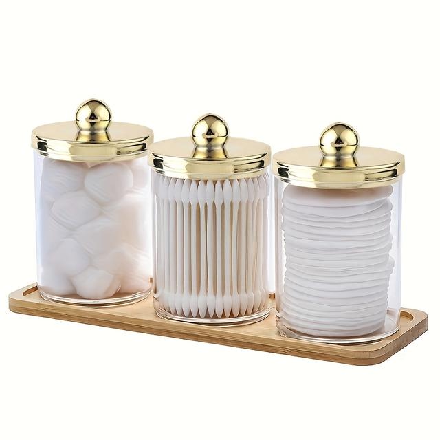 TEMU 3-pack Plastic Qtip Apothecary Jars With Lids, 10 Oz Cotton Swab/ball/pad Organizer, Clear Bathroom Canister Set With Vanity Tray, Golden Lids Dispenser For Storage