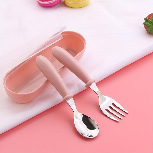 TEMU 2pcs Set Growth Milestone Gift | Training Spoon And Fork In, Green, Pink | -grade Safe, Portable Gift Box, 304 Stainless Steel