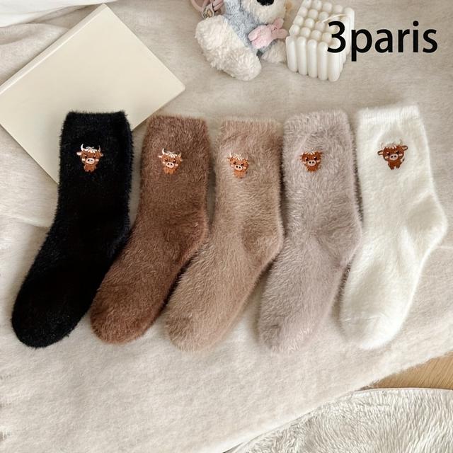 TEMU 3 Pairs Women's Plush Winter Thermal Socks With Cow Face & Highland Cow Embellishment - Soft -like Floor/bed/lounge Socks (black/brown/beige/white) - Hand Wash Only Cozy Sleepwear Footwear