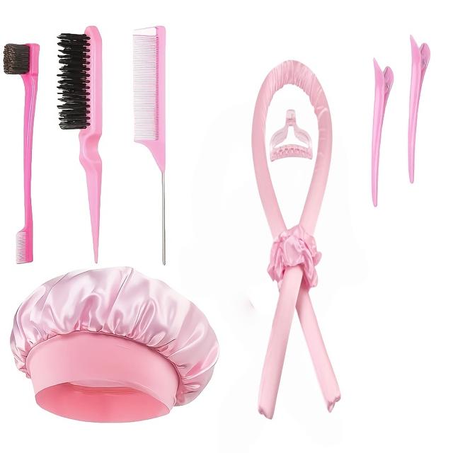 TEMU 10pcs Styling Tool Set For Women, Heatless Curling Rod And Satin Sleep Cap Set, Hair Styling Tools With Comb, Clips, And Hair Ties For Perfect Hairstyling