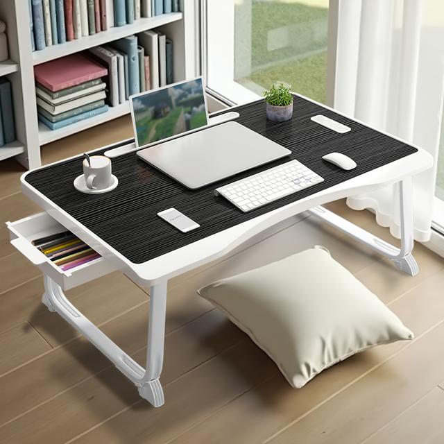 TEMU Portable Laptop Table With Handle, Featuring Slots For Cards Or Cups, A Side Drawer, And Designed For Use , Reading, Working, Or Camping. In Black, Red, White, And Blue