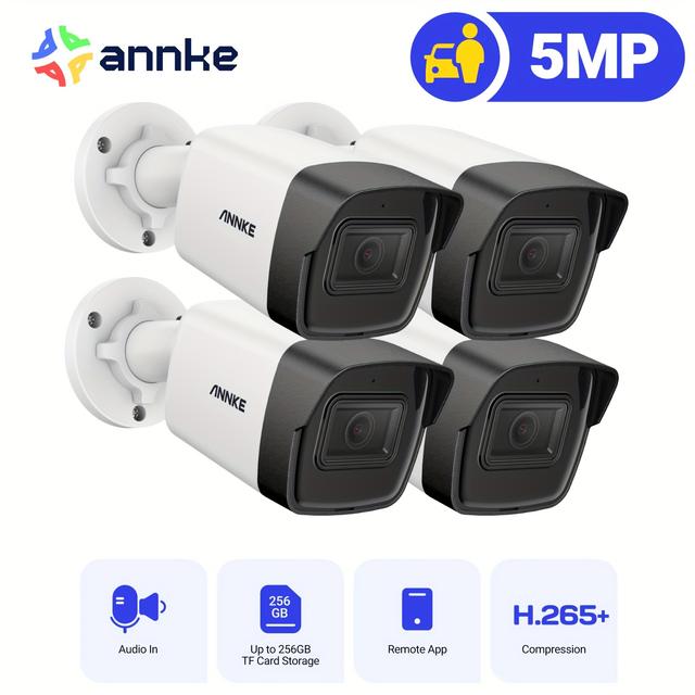 TEMU Annke - 5mp 4pcs H.265+ Outdoor Poe Security Ip Camera With Mic/audio, 2.8mm Lens (116° Fov), 100 Ft Night Vision, Alerts, Rtsp, Surveillance Bullet Cam