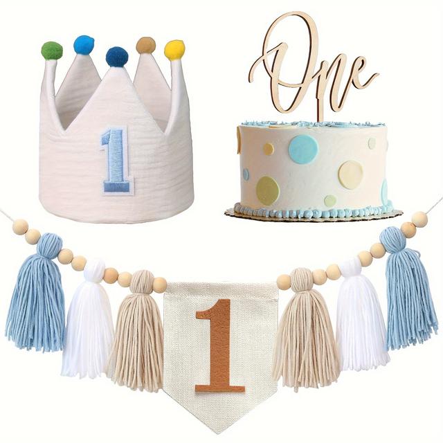 TEMU Highchair Birthday Banner Set With Handmade Fabric Crown And 'one' Cake Topper - First Birthday Party Decorations And Photo Props, No Electricity Required