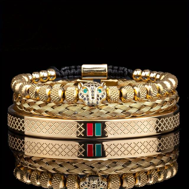 TEMU Men's Bracelet Handmade Braided Bracelet Men's Cz Leopard Head Enamel Green And Red Bracelet Stainless Steel Jewelry Accessories