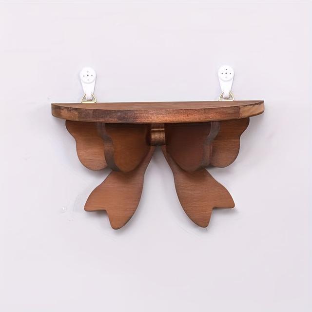 TEMU Single Wooden Bow-shaped Wall Shelf, Black Floating Design, Rustic Display For Flower Pots, Perfect For Home Wall Decoration