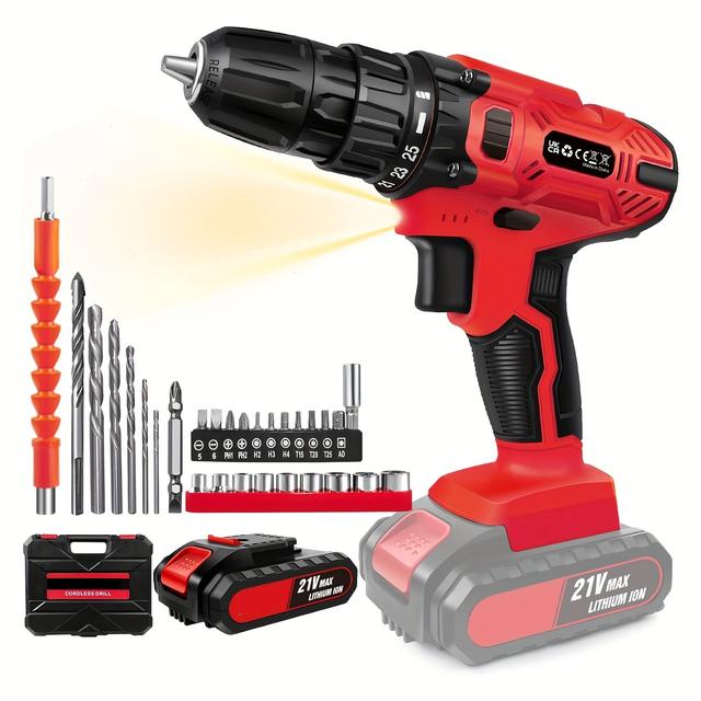 TEMU 21v Cordless Drill, Electric Drill Set, 45nm Cordless Drill With 25+1 Torque Setting, Li-, 29pcs Accessories, 2 Variable Speed, Led Work Light, Home And Garden Diy Kit
