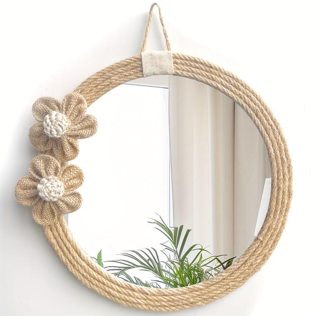 TEMU Nordic-inspired Round Decorative Mirror With A Jute Rope Frame And Crochet Flower Embellishments, A Warm And . Suitable For Apartments, Homes, Or Nurseries - Wall-mounted Decorative Mirror