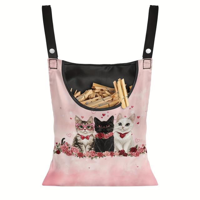 TEMU 1pc Cute & Cozy Cat Illustration Hanging Organizer Bag - Durable Fabric With Black Straps, Ideal For Laundry & Outdoor Use, Laundry Organizer| |durable Fabric, Laundry Hamper, Clothes Pins