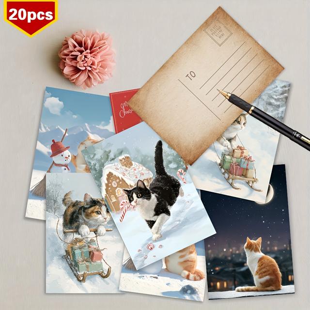 TEMU 20세트 엽서, , 벽걸이 장식, 휴일 인사말 카드, 정보 카드, 침실 장식, 기념품 엽서, 고양이 테마 크리스마스 엽서.