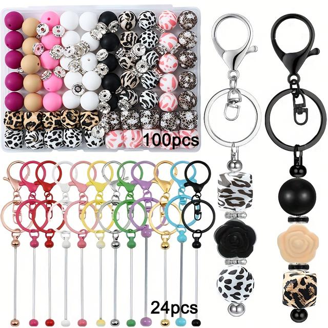 TEMU 124 Items - 24 Multi-colored Keychains And 100 Multi-colored Beads With A Leopard Print. Ideal For Your Own Jewelry, Keychains, Birthday Presents, Holiday Gifts, And Handmade Crafts