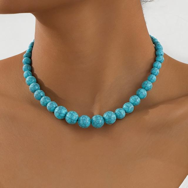 TEMU A Women's Fashion Choker Necklace, Simple And Exquisite Geometric Large And Small Round Turquoise Beaded Necklace, Turquoise Decor Necklace