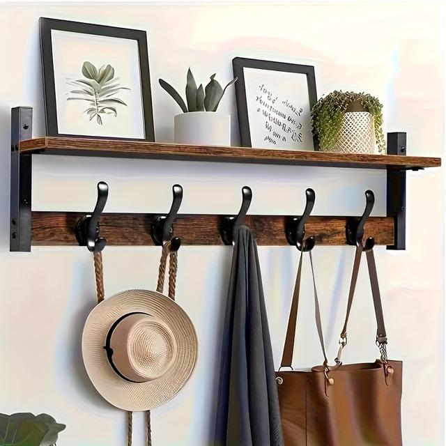 TEMU Étagère en bois avec étagère, équipée de 5 crochets , porte-manteau mural, encombrante, matériau solide, marron, facile à installer, convient pour , , , de bain