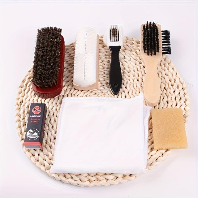 TEMU 7pcs Shoe Brush Kit - Double-sided Shoe Polish Applicator & Horse Hair Brushes For Polishing - Nubuck & Suede Brush For Shoes, Soft Leather Cleaning With Microfiber Cloth