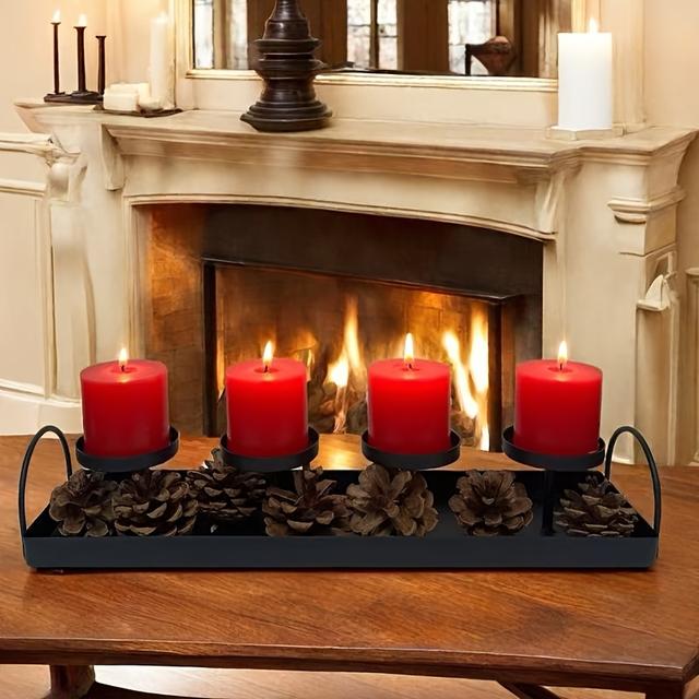 TEMU The Wrought Iron Tray With A Four-head Candle Holder, Suitable For Christmas And Other Festive Decorations, Applicable For Home Use, Does Not Candles Or Berry Decorations. (non-food Contact)