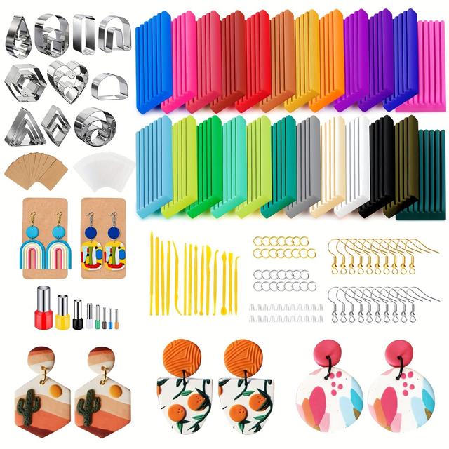 TEMU Polymer Clay Earring Making Kit, With 24pcs Of Colored Oven , 32pcs Polymer Clay Cutters, Such As Ear Hooks Rings, Suitable For Beginners To Shape Clay Jewelry Making Kit