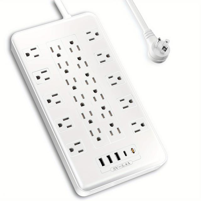 TEMU 22-outlet Protector Power Strip - Flat Plug, 5 Usb Charging Ports (3 Usb-a, 2 Usb-c), Protection, Wall-mountable, Ideal For Home, Office