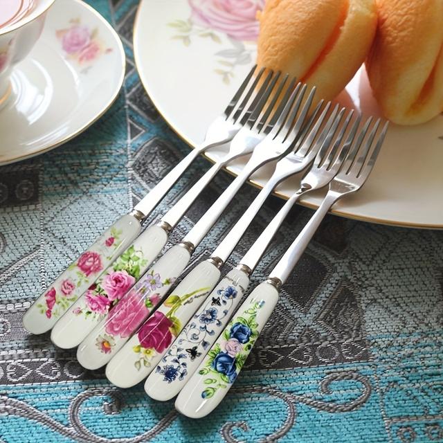 TEMU 6pcs Floral Ceramic Handle Stainless Steel Fruit Fork, Salad Fork, Small Fork, Suitable For Dessert Fork In Home, Afternoon Tea, Restaurant And