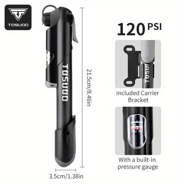 TEMU Tosuod Portable Bicycle Pump, Mini Road Bike Inflator, Mountain Bike Air Pump With Pressure Gauge