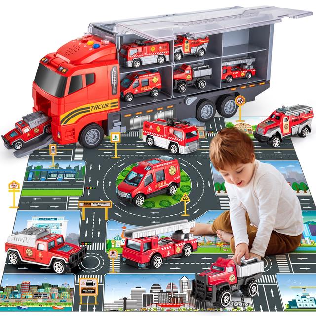 TEMU 7-in- Rescue Vehicle Playset For - With A Versatile Container Truck, Play Mat, And Metal Toy Car. Ideal Present For Children Aged 3 To 6. Additions In Assorted Colors