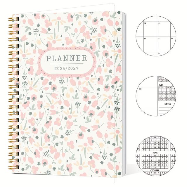TEMU 1 planning mensuel A5 pour les années 2026 à 2027, comprenant un calendrier académique de 24 mois, un organisateur à spirale avec une section de notes, et un motif floral adapté à , et à
