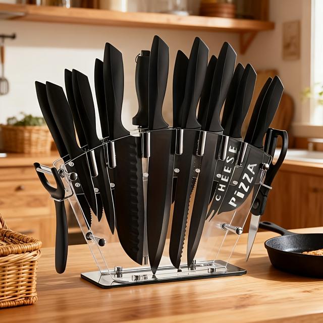 TEMU Comes With A Kitchen Knife Set, 6/8/19pcs Of High Carbon Stainless Steel Sharp, Including Serrated Steak Knife Set, Chef's Knife, Bread Knife, Scissors, Sharpener, All In 1