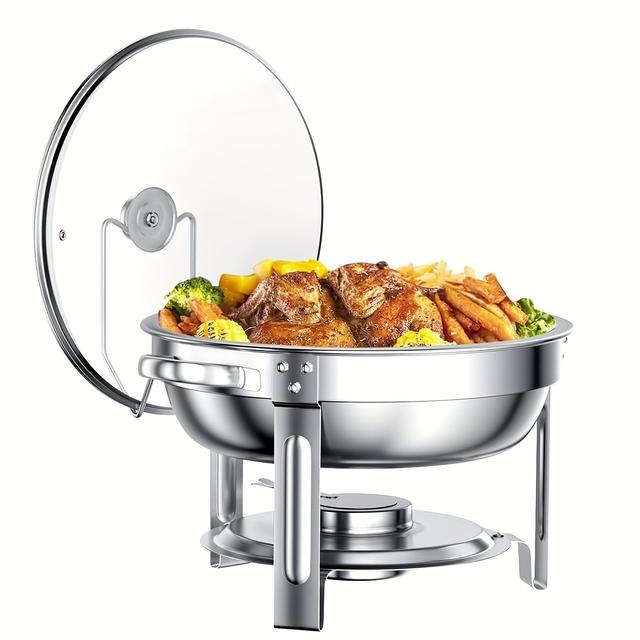 TEMU For Culinary Use: Set Of Stainless Steel Insulated Hot Pots, Featuring A Round Chafing Dish Equipped With A Warmer/cooler, A Glass Lid, And A Lid Stand ( For Cooking)