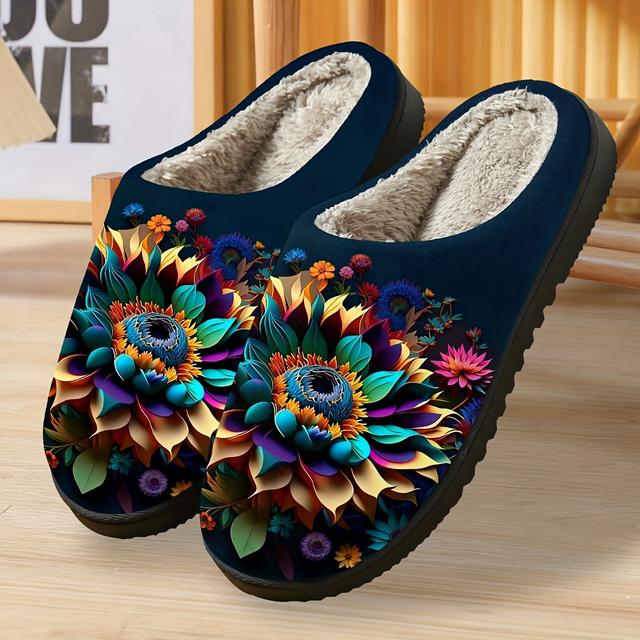 TEMU نعال نسائية للانزلاق بتصميم زهور وعباد - مريحة لفصل الشتاء/الخارج، نعل TPR مبطن وناعم، أحذية سوداء هدايا لعيد الميلاد/الهالوين (قابلة للغسل اليدوي) - غير قابلة للانزلاق