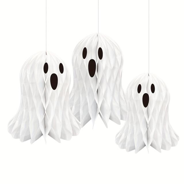 TEMU 3pcs Halloween Honeycomb Balls, Cute Paper White Decorations, Suitable For Birthdays And Themed Parties, Halloween Party Decor