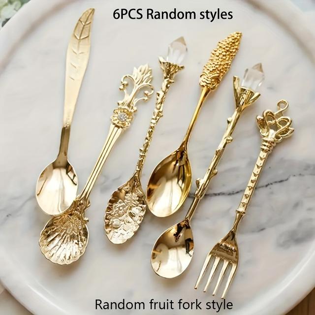 TEMU 6pcs Vintage Spoons Fork Golden Carved Coffee Snacks Fruit Prikkers Dessert Fork Kitchen Tool Teaspoon 1set