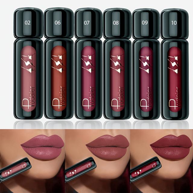 TEMU 6pcs/set Pudaier Matte Velvet Lip Gloss - Saturated Liquid Lip Mud, Long-lasting Formula, 6-shade With Deep Berry Tones, All Light Beige Tones Compatible.