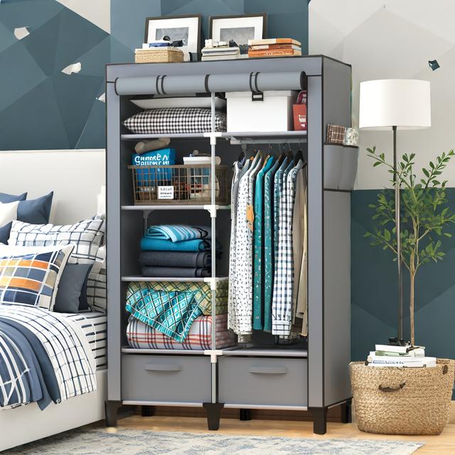 TEMU Space Saving Simple Wardrobe, With 2 Storage Boxes And Portable Side Pockets, Effective Storage,, Suitable For Living Room, Bedroom, Rental House, Etc, Portable Closets